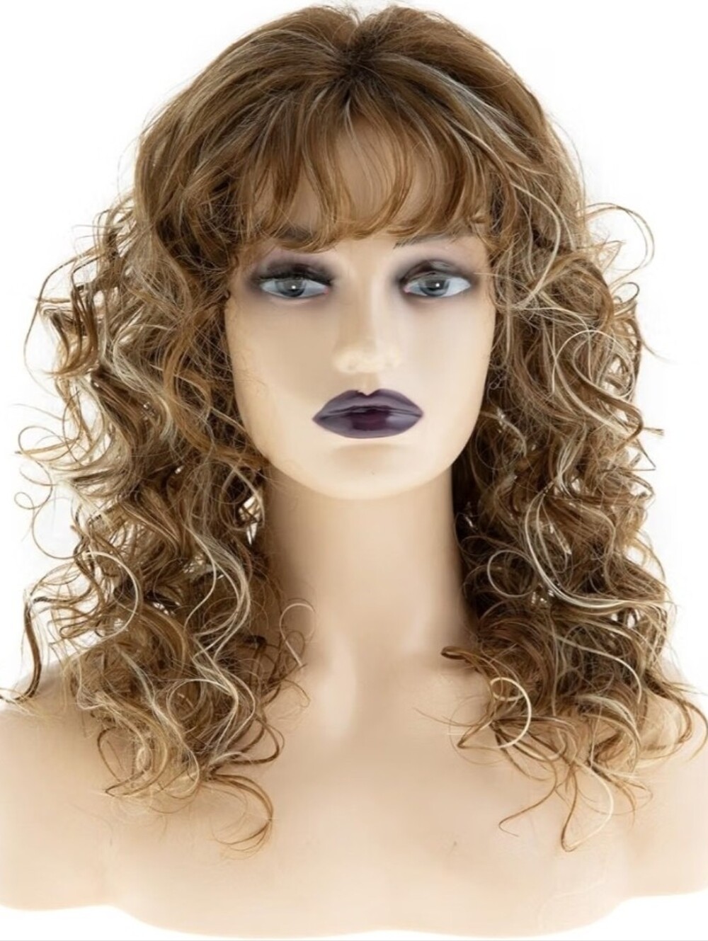 New Womens Light Brown Mixed Blonde Synthetic Curly Wig with Bangs
